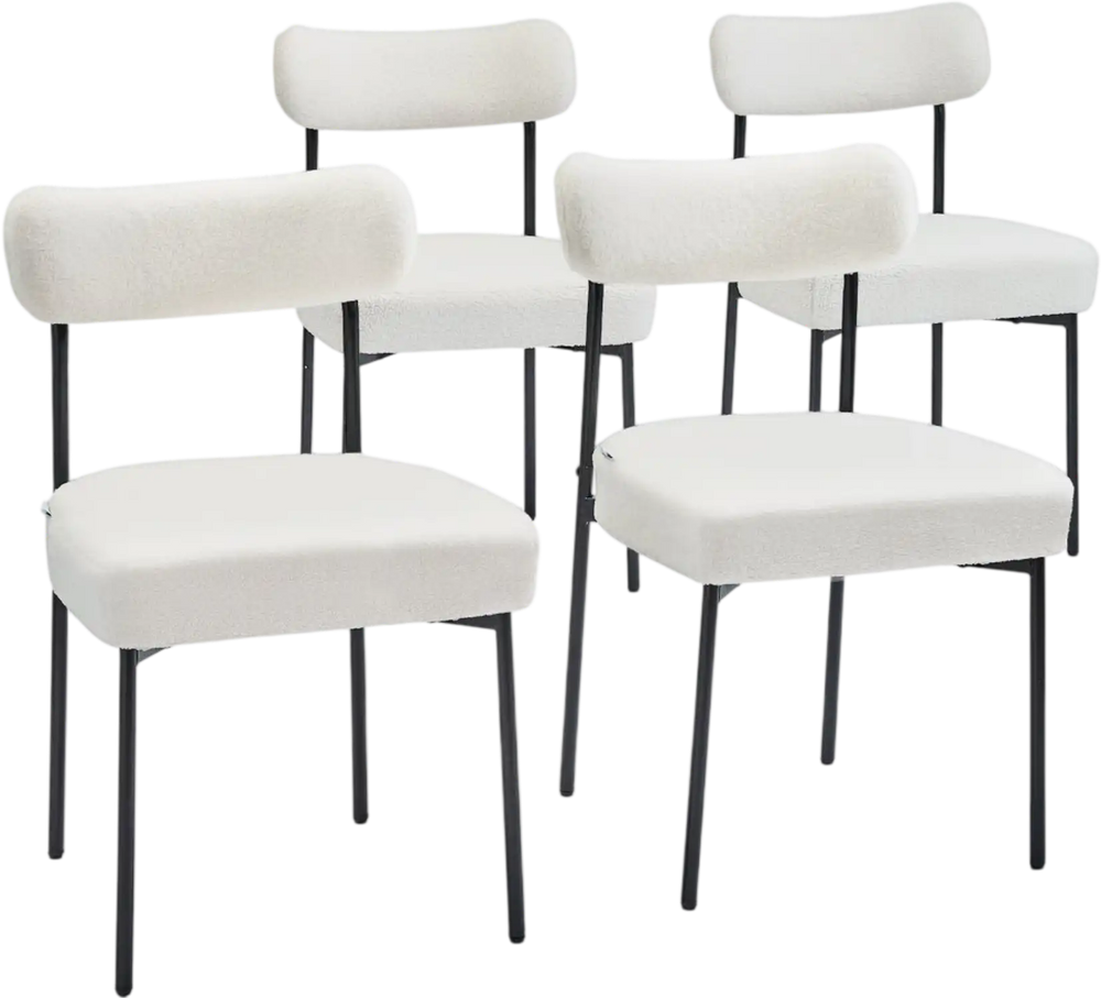 VEVOR Boucle Dining Chairs Set of 4, Mid Century Modern Sherpa Accent Chairs, Upholstered Side Chair for Dining Table, Space-Saving White Kitchen Table Chair with Curved Backrest and Black Metal Legs