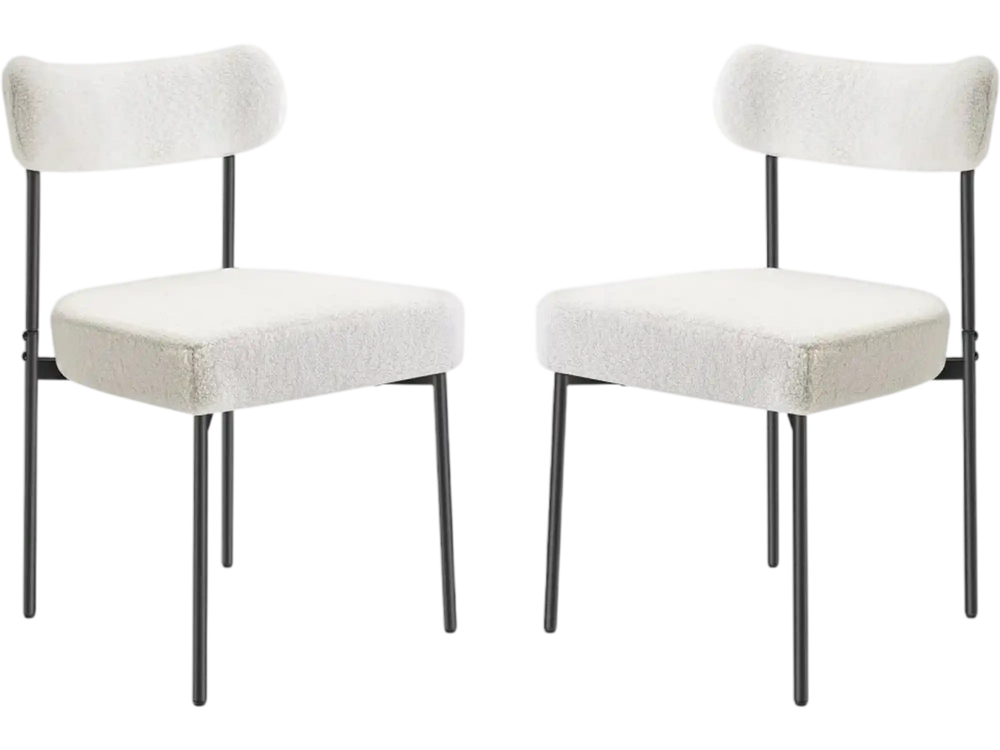 VEVOR Boucle Dining Chairs Set of 2, Mid Century Modern Sherpa Accent Chairs, Upholstered Side Chair for Dining Table, Space-Saving White Kitchen Table Chair with Curved Backrest and Black Metal Legs
