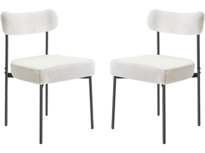 VEVOR Boucle Dining Chairs Set of 2, Mid Century Modern Sherpa Accent Chairs, Upholstered Side Chair for Dining Table, Space-Saving White Kitchen Table Chair with Curved Backrest and Black Metal Legs