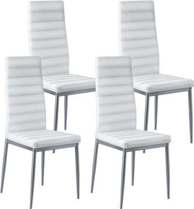 VEVOR Modern Dining Room Accent Chairs Set of 4, Upholstered Leather Side Chair for Dining Tables, Space-Saving Kitchen Table Chair with Thick Cushions and Metal Legs, White