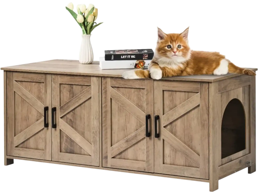 VEVOR Cat Litter Box Enclosure for 2 Cats, Litter Box Furniture Hidden with Double Rooms, Wooden Cat Box Cabinet Fit Most of Litter Box, 47.2"L x 18.5"W x 19.7"H, Greige