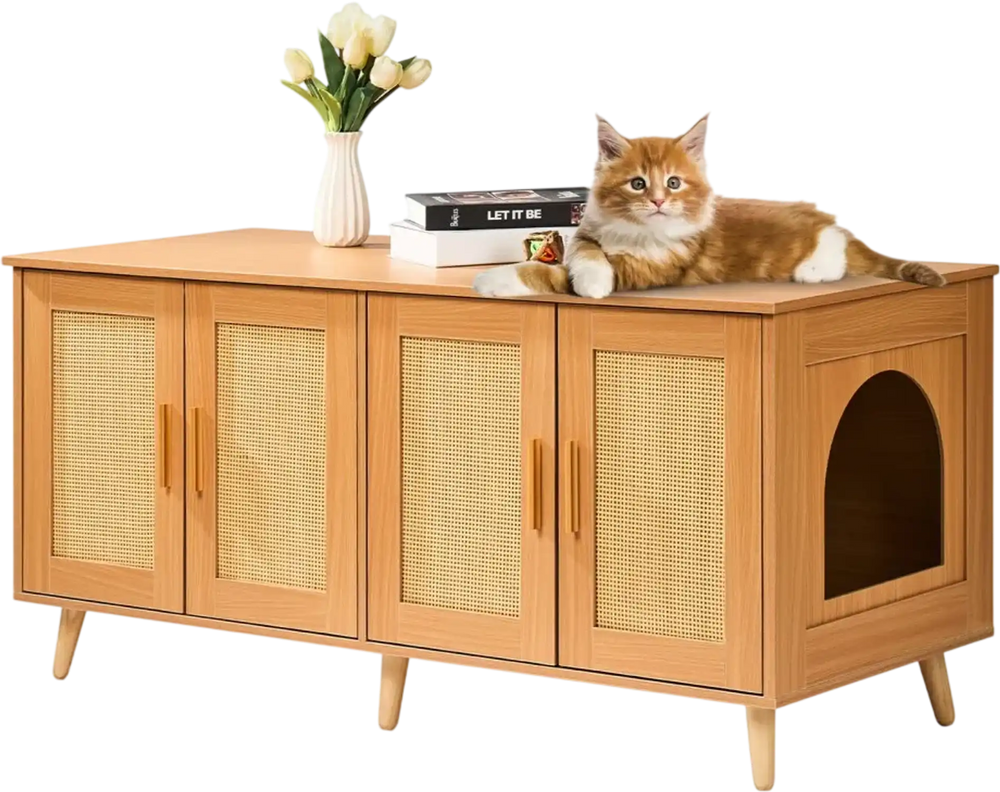 VEVOR Cat Litter Box Enclosure for 2 Cats, Litter Box Furniture Hidden with Rattan Decorated Doors, Wooden Cat Box Cabinet Fit Most of Litter Box, 47.2"L x 19.7"W x 21.7"H, Natural