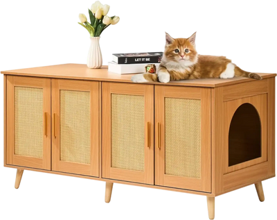 VEVOR Cat Litter Box Enclosure for 2 Cats, Litter Box Furniture Hidden with Rattan Decorated Doors, Wooden Cat Box Cabinet Fit Most of Litter Box, 47.2