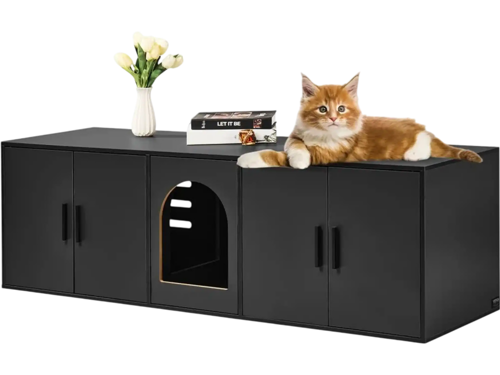 VEVOR Cat Litter Box Enclosure for 2 Cats, 57.9 in Hidden Litter Furniture, Double Room Large Cat Washroom Cabinet, Indoor Wooden Pet House TV Stand Side Table, Fit Most of Litterbox, Black