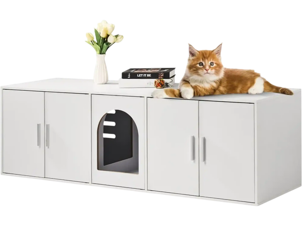 VEVOR Cat Litter Box Enclosure for 2 Cats, Litter Box Furniture Hidden with Double Rooms, Wooden Cat Box Cabinet Fit Most of Litter Box, 57.9"L x 18.3"W  x 17.9"H, White