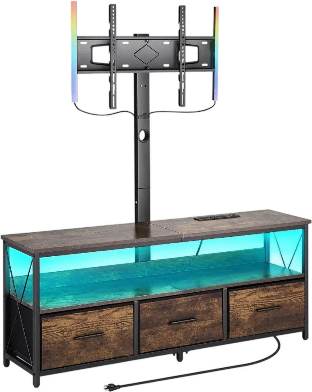VEVOR 52" TV Stand with Mount for up to 75 in TVs, Entertainment Center with Power Outlet & LED Lights, Height Adjustable TV Console with Mount with 3 Drawers for Bedroom, Living Room, Brown