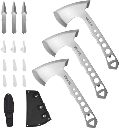 VEVOR Throwing Axes and Tomahawks, 3 Pack Hatchet Axes and 3 Pack Knives Throwing Products Set, Handle with Wrench and Bottle Opener, Stainless Steel, Black Nylon Sheath, for Recreation Competition