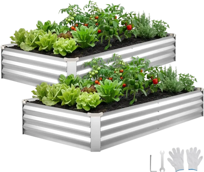 VEVOR 2 Pack Galvanized Raised Garden Beds, 6 x 3 x 1 ft, Rectangular Metal Planter Boxes Kit Outdoor, Bottomless Elevated Planting Box with Gloves, Alu-Zinc, for Growing Flowers Vegetables, Silver