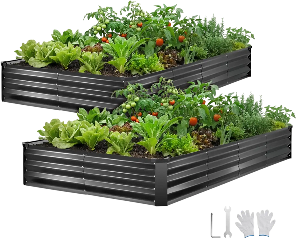 VEVOR 2 Pack Galvanized Raised Garden Beds, 8 x 4 x 1 ft, Rectangular Metal Planter Boxes Kit Outdoor, Bottomless Elevated Planting Box with Gloves, Alu-Zinc, for Growing Flowers Vegetables, Dark Gray