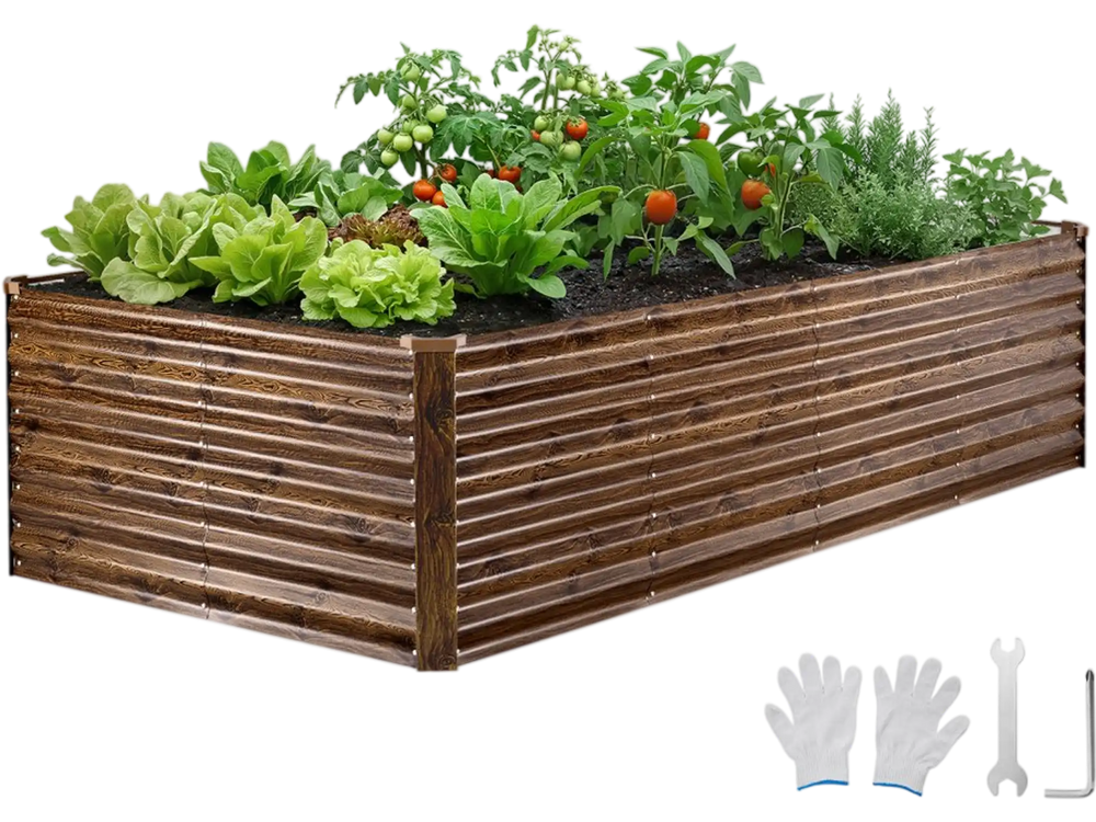 VEVOR Galvanized Raised Garden Bed, 8 x 4 x 2 ft, Rectangular Metal Planter Box Kit Outdoor, Bottomless Elevated Planting Box with Gloves, Alu-Zinc, for Growing Flowers Vegetables, Deep Wood Grain