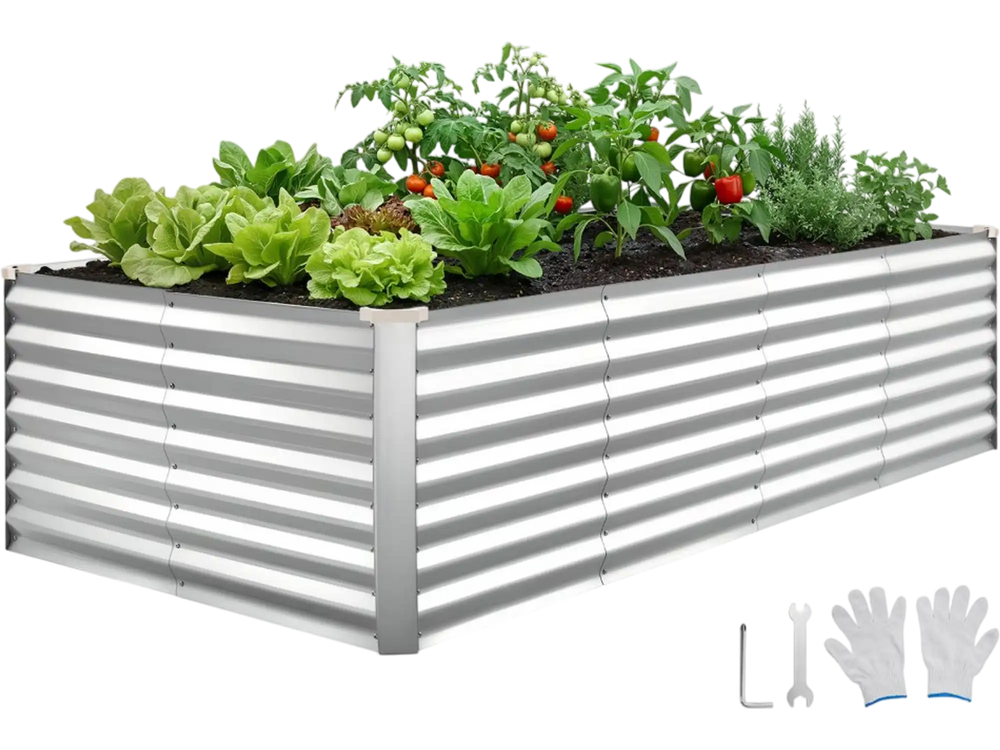 VEVOR Galvanized Raised Garden Bed, 8 x 4 x 2 ft, Rectangular Metal Planter Box Kit Outdoor, Bottomless Elevated Planting Box with Gloves, Rustproof Alu-Zinc, for Growing Flowers Vegetables, Silver