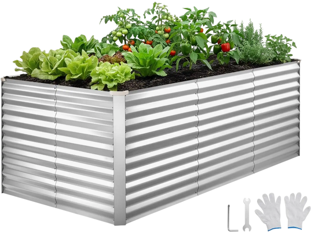 VEVOR Galvanized Raised Garden Bed, 8 x 4 x 3 ft, Rectangular Metal Planter Box Kit Outdoor, Bottomless Elevated Planting Box with Gloves, Rustproof Alu-Zinc, for Growing Flowers Vegetables, Silver