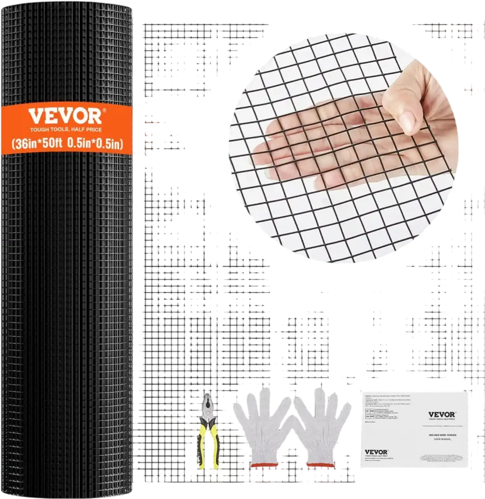 VEVOR Hardware Cloth, 36'' x 50' Galvanized Wire Mesh Roll, 19 Gauge Chicken Wire Fence Roll, Vinyl Coating Metal Wire Mesh for Chicken Coop Barrier, Rabbit Snake Fences, Poultry Enclosures