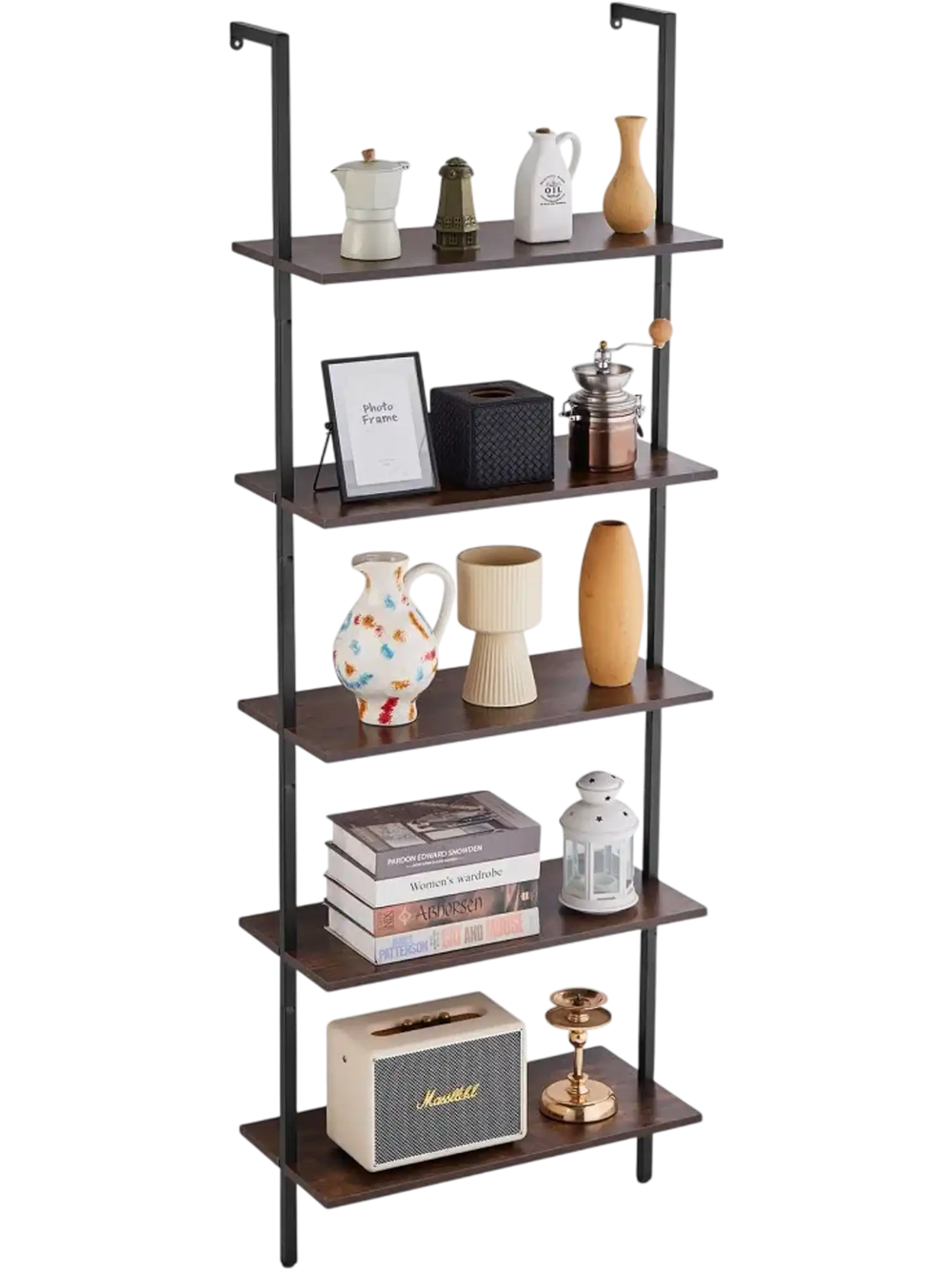 VEVOR Ladder Shelf, 5-Tier Bookshelf 24x11.8in, Open Wall-Mounted Ladder Shelf with Metal Frame,Storage Rack Sundries Holder for Kitchen Bedroom Bathroom Living Room, Black