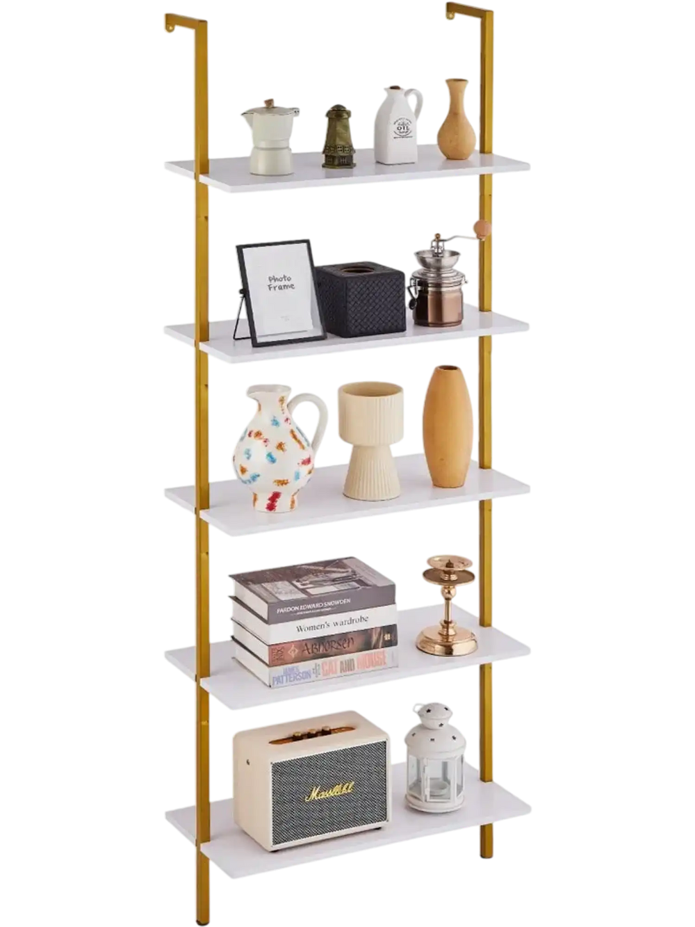 VEVOR Ladder Shelf, 5-Tier Bookshelf 24x11.8in, Open Wall-Mounted Ladder Shelf with Metal Frame,Storage Rack Sundries Holder for Kitchen Bedroom Bathroom Living Room, Gold White