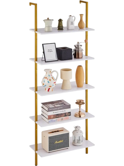 VEVOR Ladder Shelf, 5-Tier Bookshelf 24x11.8in, Open Wall-Mounted Ladder Shelf with Metal Frame,Storage Rack Sundries Holder for Kitchen Bedroom Bathroom Living Room, Gold White