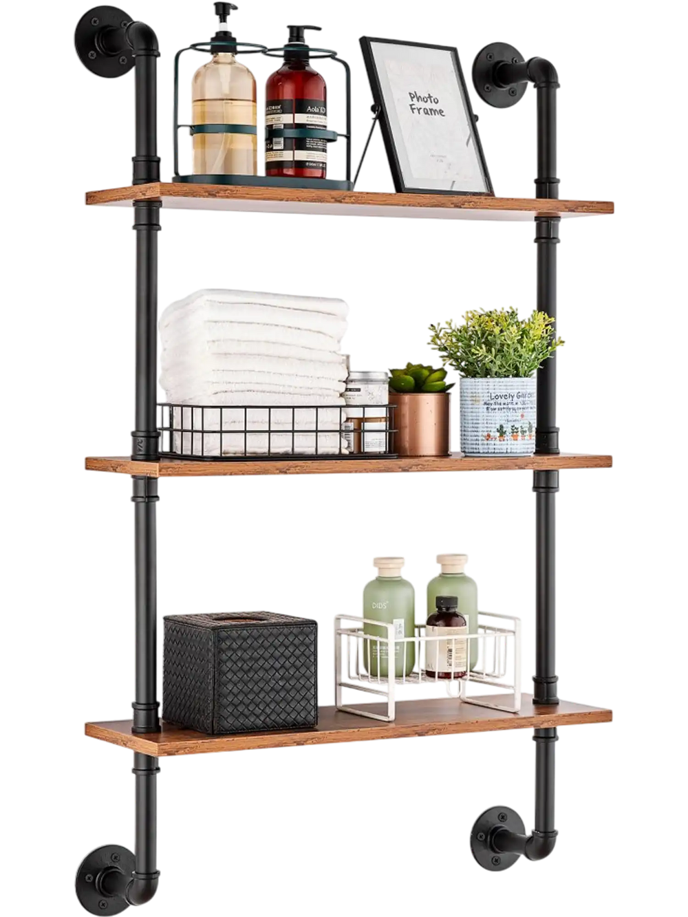 VEVOR Industrial Pipe Shelf, 3 Tier 24x7.87in, Wall-Mount Floating Rustic Wood Shelves Bracket Display Bookshelf, Storage Rack Sundries Holder for Kitchen Bedroom Bathroom Living Room, Black