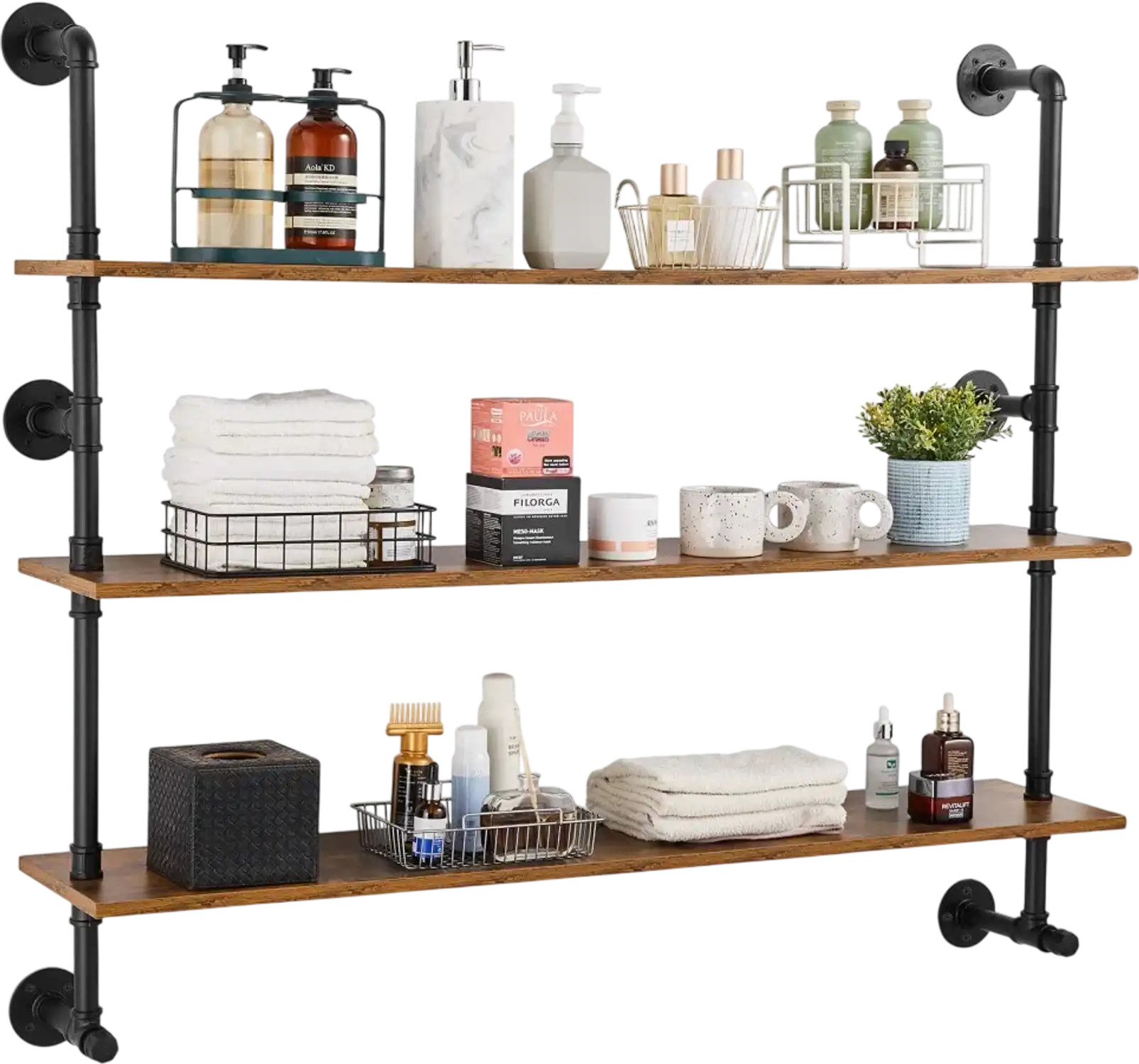Vevor Pipe Shelf 3-Tier Industrial Wall-Mount Rustic Wood & Metal Storage Rack New