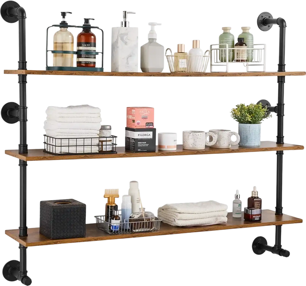 VEVOR Industrial Pipe Shelf, 3 Tier 48x9.84in, Wall-Mount Floating Rustic Wood Shelves Bracket Display Bookshelf, Storage Rack Sundries Holder for Kitchen Bedroom Bathroom Living Room, Black