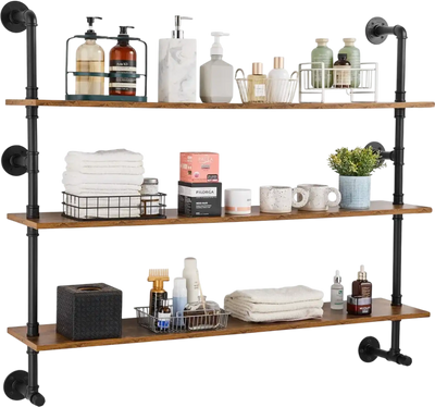 Vevor Pipe Shelf 3-Tier Industrial Wall-Mount Rustic Wood & Metal Storage Rack New