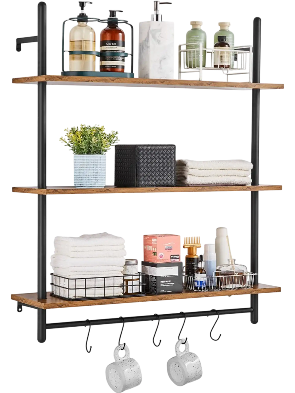 VEVOR Industrial Pipe Shelf, 3 Tier 32x9.84in, Wall-Mount Floating Rustic Wood Shelves Bracket Display Bookshelf, Storage Rack Sundries Holder for Kitchen Bedroom Bathroom Living Room, Black