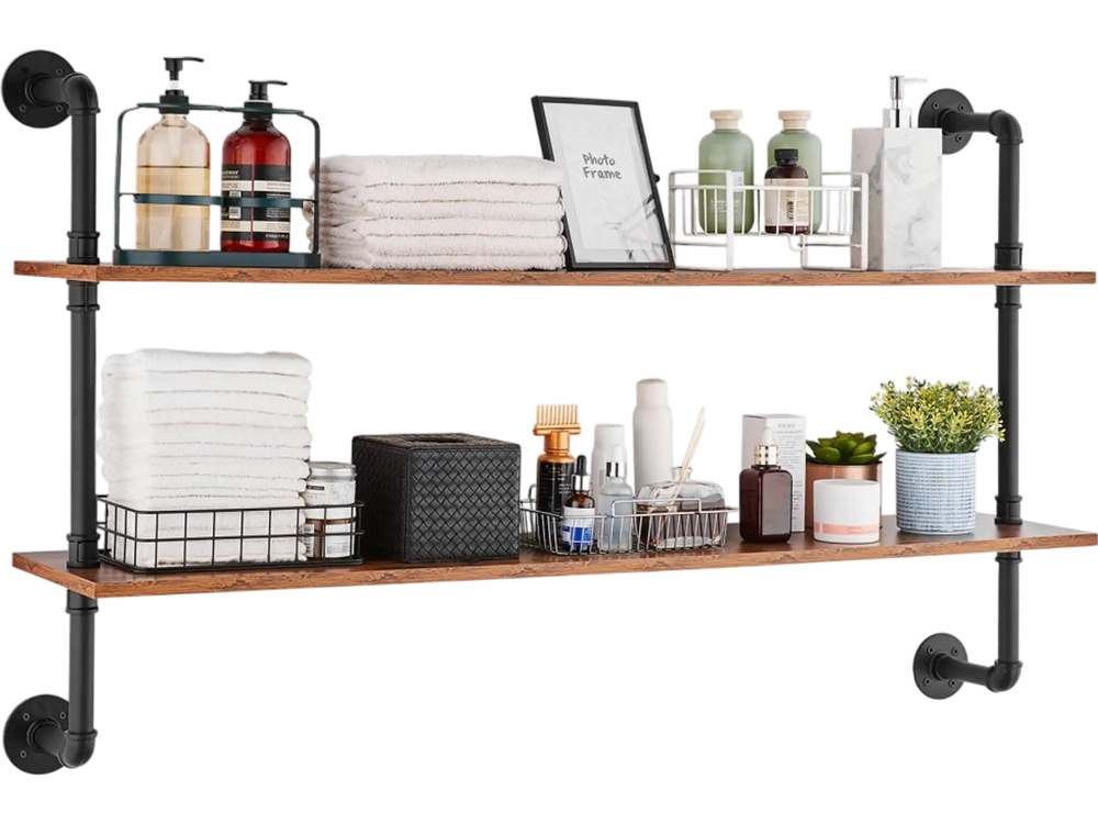 VEVOR Industrial Pipe Shelf, 2 Tier 48x 9.84in, Wall-Mount Floating Rustic Wood Shelves Bracket Display Bookshelf, Storage Rack Sundries Holder for Kitchen Bedroom Bathroom Living Room, Black