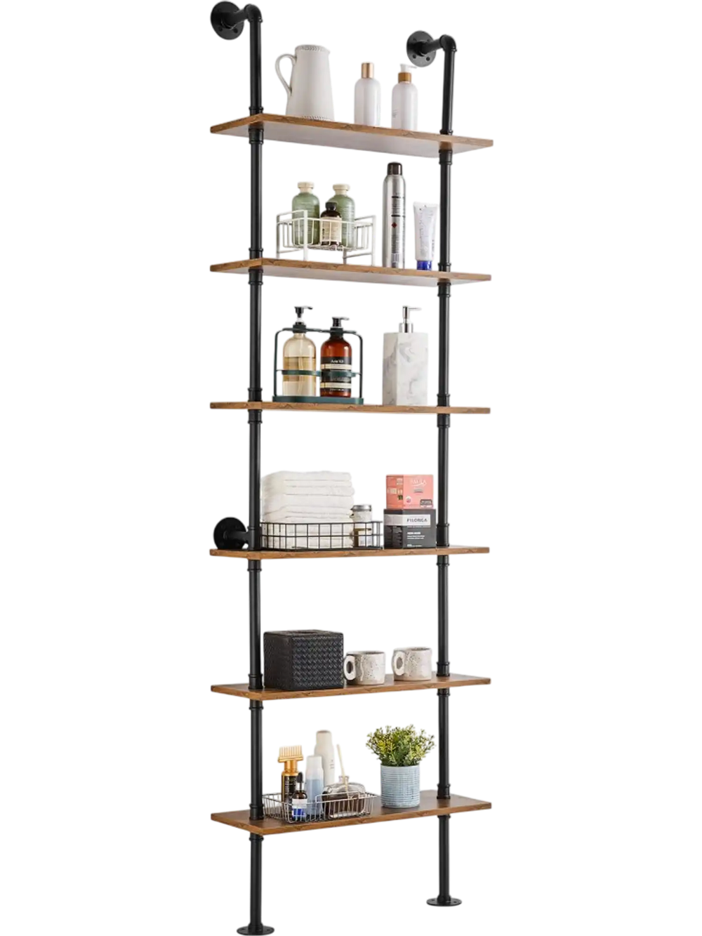 VEVOR Industrial Pipe Shelf, 6 Tier 24x9.84in, Wall-Mount Floating Rustic Wood Shelves Bracket Display Bookshelf, Storage Rack Sundries Holder for Kitchen Bedroom Bathroom Living Room, Black