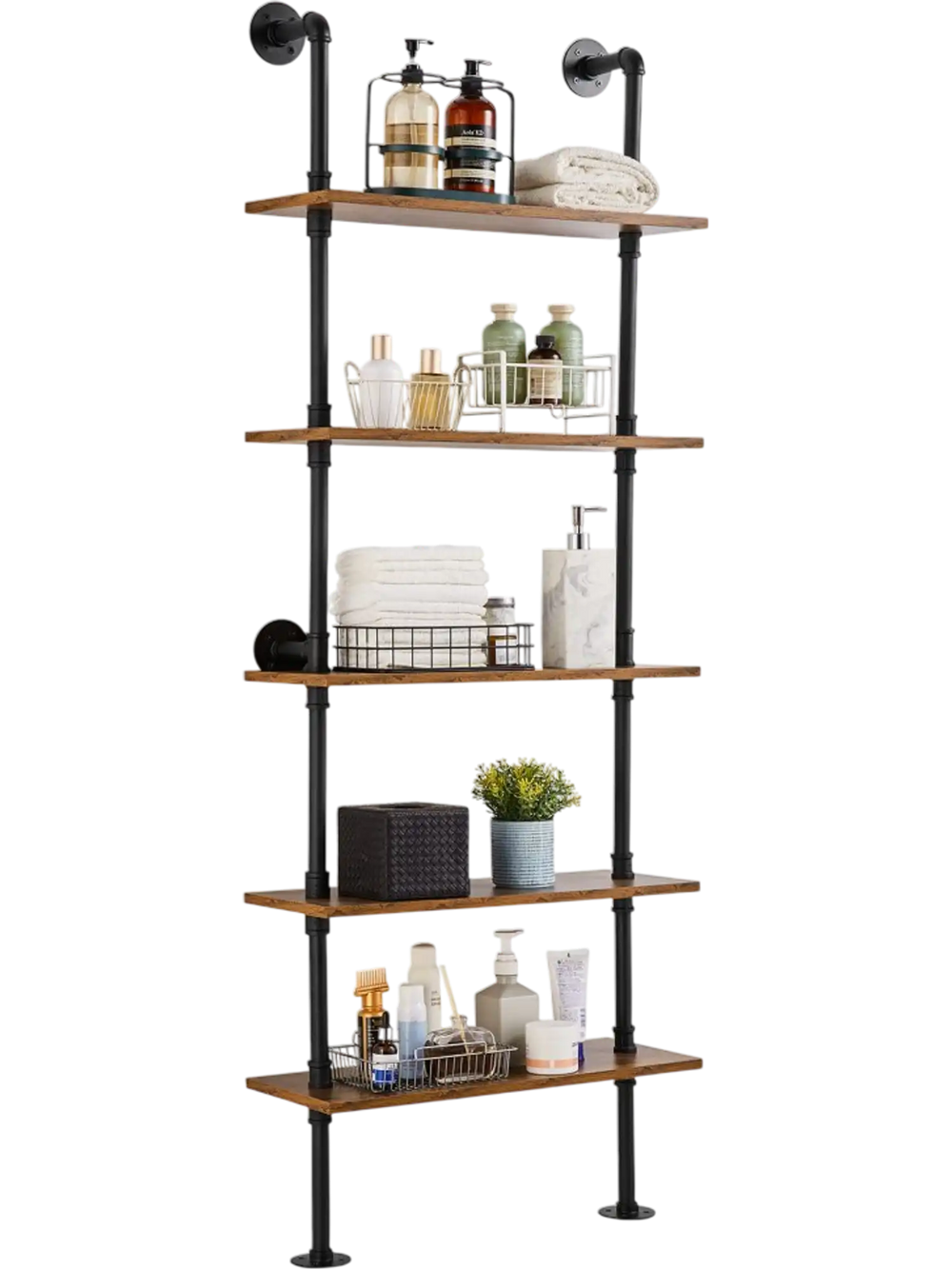 VEVOR Industrial Pipe Shelf, 5 Tier 24x9.84in, Wall-Mount Floating Rustic Wood Shelves Bracket Display Bookshelf, Storage Rack Sundries Holder for Kitchen Bedroom Bathroom Living Room, Black