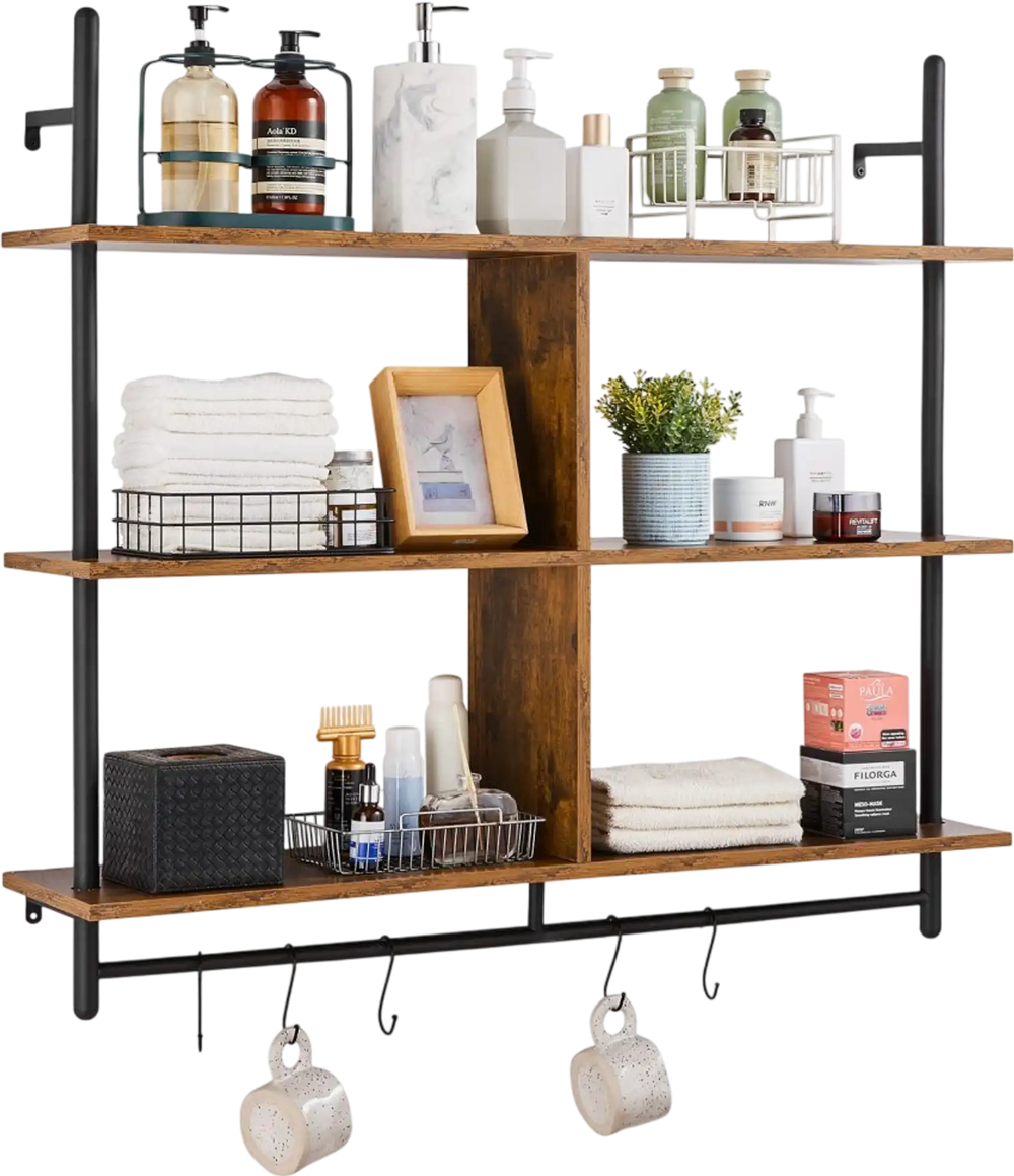 VEVOR Industrial Pipe Shelf, 3 Tier 41.5x9.84in, Wall-Mount Floating Rustic Wood Shelves Bracket Display Bookshelf, Storage Rack Sundries Holder for Kitchen Bedroom Bathroom Living Room, Black