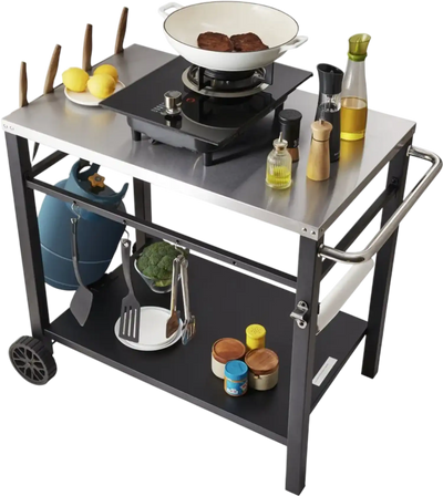 VEVOR Outdoor Grill Dining Cart with Double-Shelf, BBQ Movable Food Prep Table, Multifunctional Stainless Steel Table Top, Portable Modular Carts for Pizza Oven, Worktable with 2 Wheels, Carry Handle