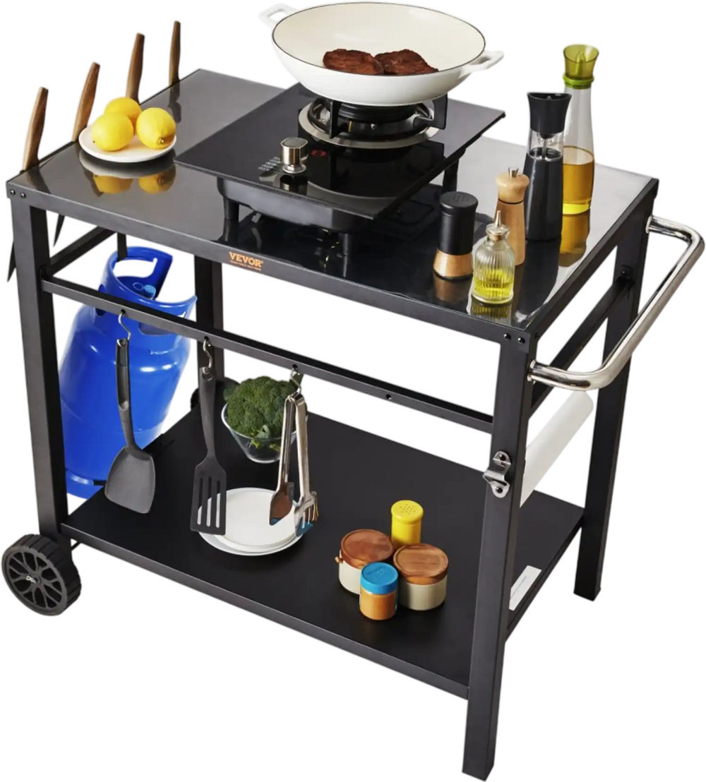 VEVOR Outdoor Grill Dining Cart with Double-Shelf, BBQ Movable Food Prep Table, Multifunctional Iron Table Top, Portable Modular Carts for Pizza Oven, Worktable with 2 Wheels, Carry Handle, Black