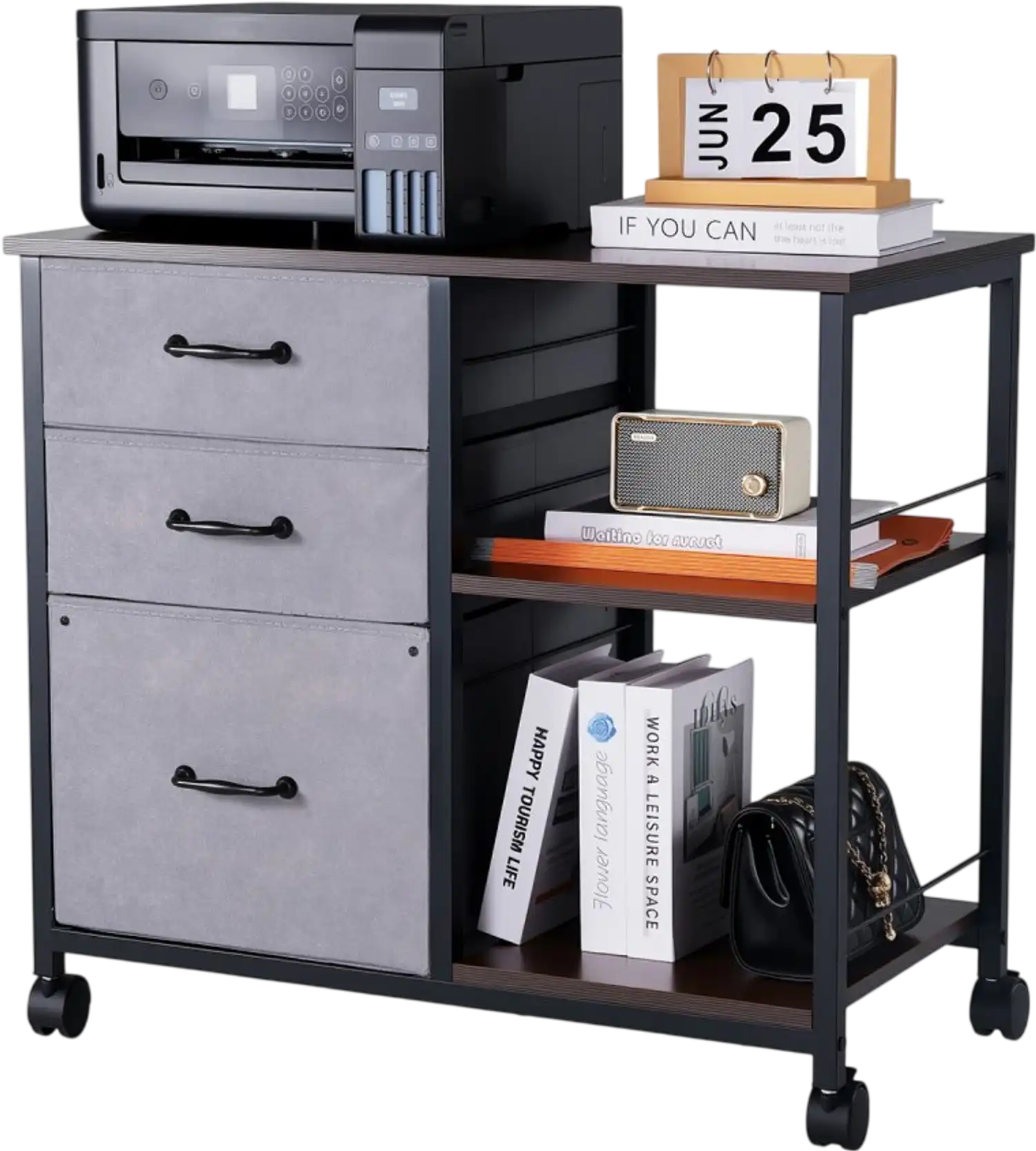Vevor Metal File Cabinet Mobile 3 Drawer 2 Open Shelf Brown New