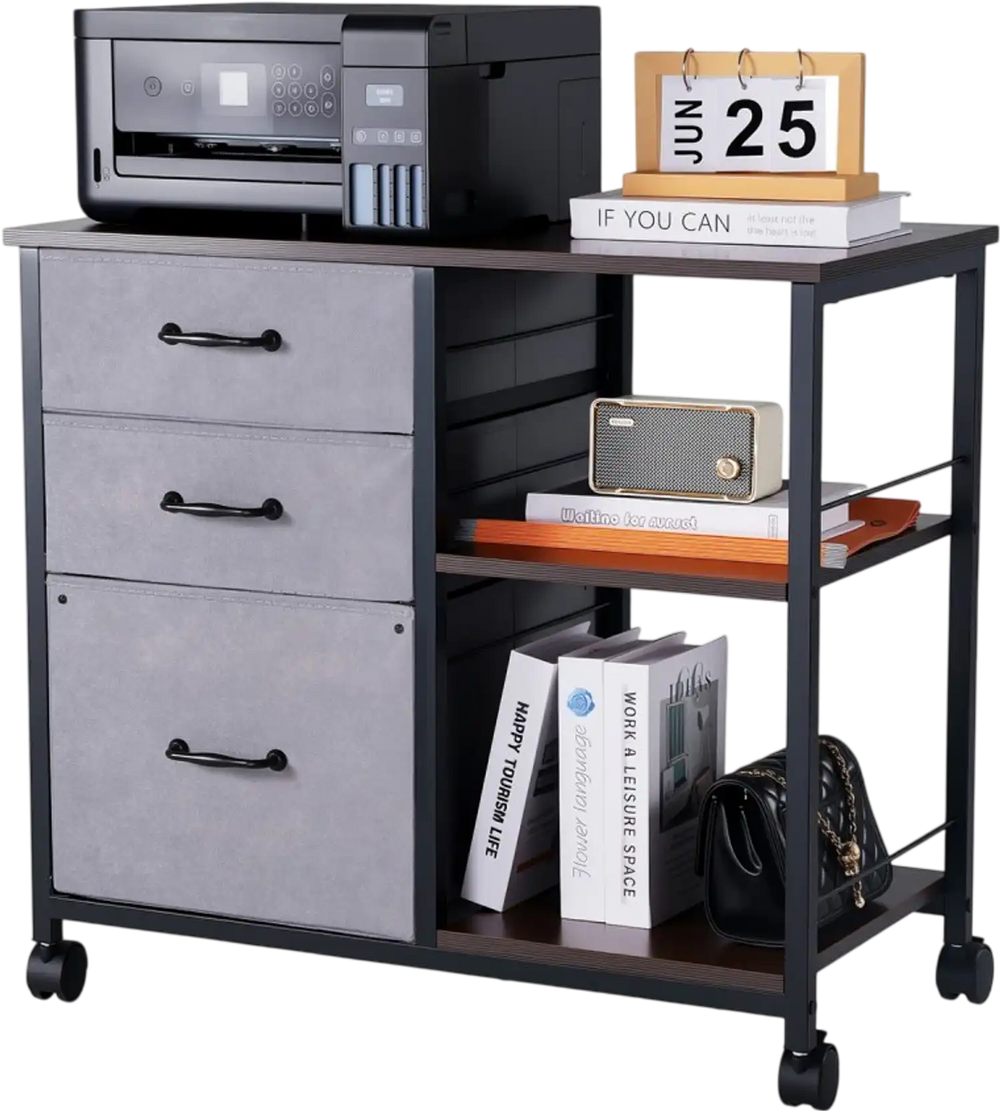 VEVOR Metal File Cabinet, Mobile Filing Cabinet with 3 Fabric Drawers and 2 Open Shelves, Wooden Vertical Filing Storage Cabinets with Wheels for Letter, A4, Legal Size File, Easy Assembly, Brown