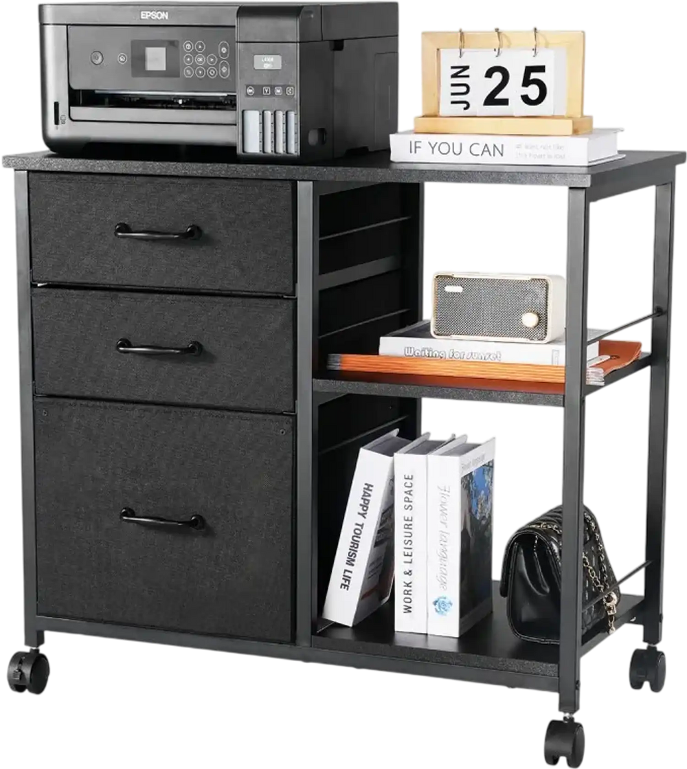 VEVOR Metal File Cabinet, Mobile Filing Cabinet with 3 Fabric Drawers and 2 Open Shelves, Wooden Vertical Filing Storage Cabinets with Wheels for Letter, A4, Legal Size File, Easy Assembly, Black