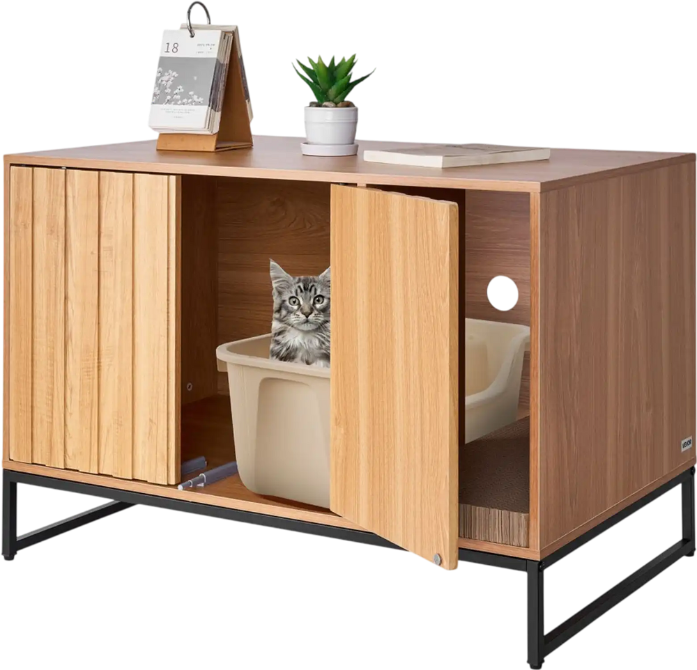 VEVOR Cat Litter Box Enclosure Furniture, 31.5 in Hidden Litter Box Cabinet with Scratch Pad & Storage, Waterproof Cat Washroom End Table Cat House, Fit Most of Litterbox, for Bedroom Living Room