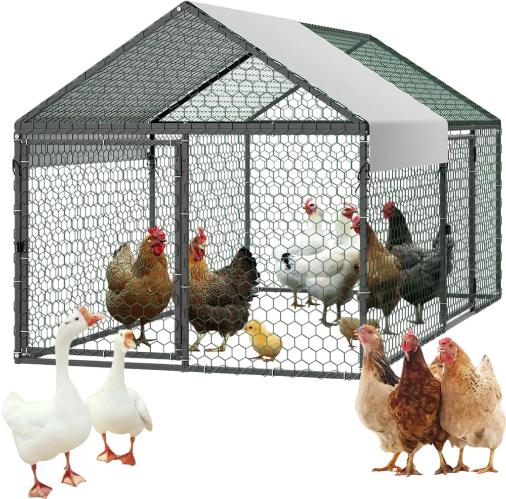 VEVOR Metal Chicken Coop for 4-6 Chickens, 3.3 x 6.6 x 3.3 ft, Small Chicken Cage with Waterproof Cover & Double Doors, Spire Roof Poultry Run Compatible with Wooden Coops, for Rabbit Hen Goose Duck