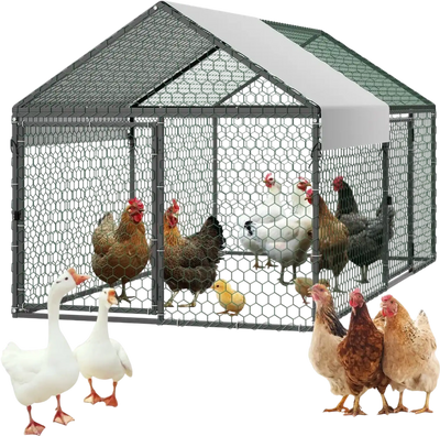VEVOR Metal Chicken Coop for 4-6 Chickens, 3.3 x 6.6 x 3.3 ft, Small Chicken Cage with Waterproof Cover & Double Doors, Spire Roof Poultry Run Compatible with Wooden Coops, for Rabbit Hen Goose Duck