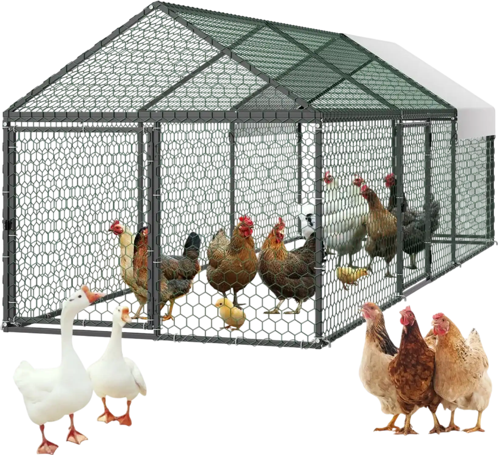Vevor Chicken Coop Metal Chicken Cage for 6-8 Chickens with Spire Roof 3.3 x 9.8 x 3.3' New