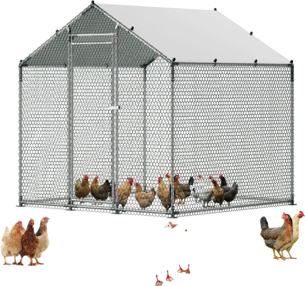 VEVOR Metal Chicken Coop, 6.56x6.56x6.56ft Large Walk-in Chicken Runs with Cover, Spire Roof Hen House Enclosure with Security Lock, Outdoor Duck Rabbit Cage Poultry Pen for Backyard, Farm, Yard