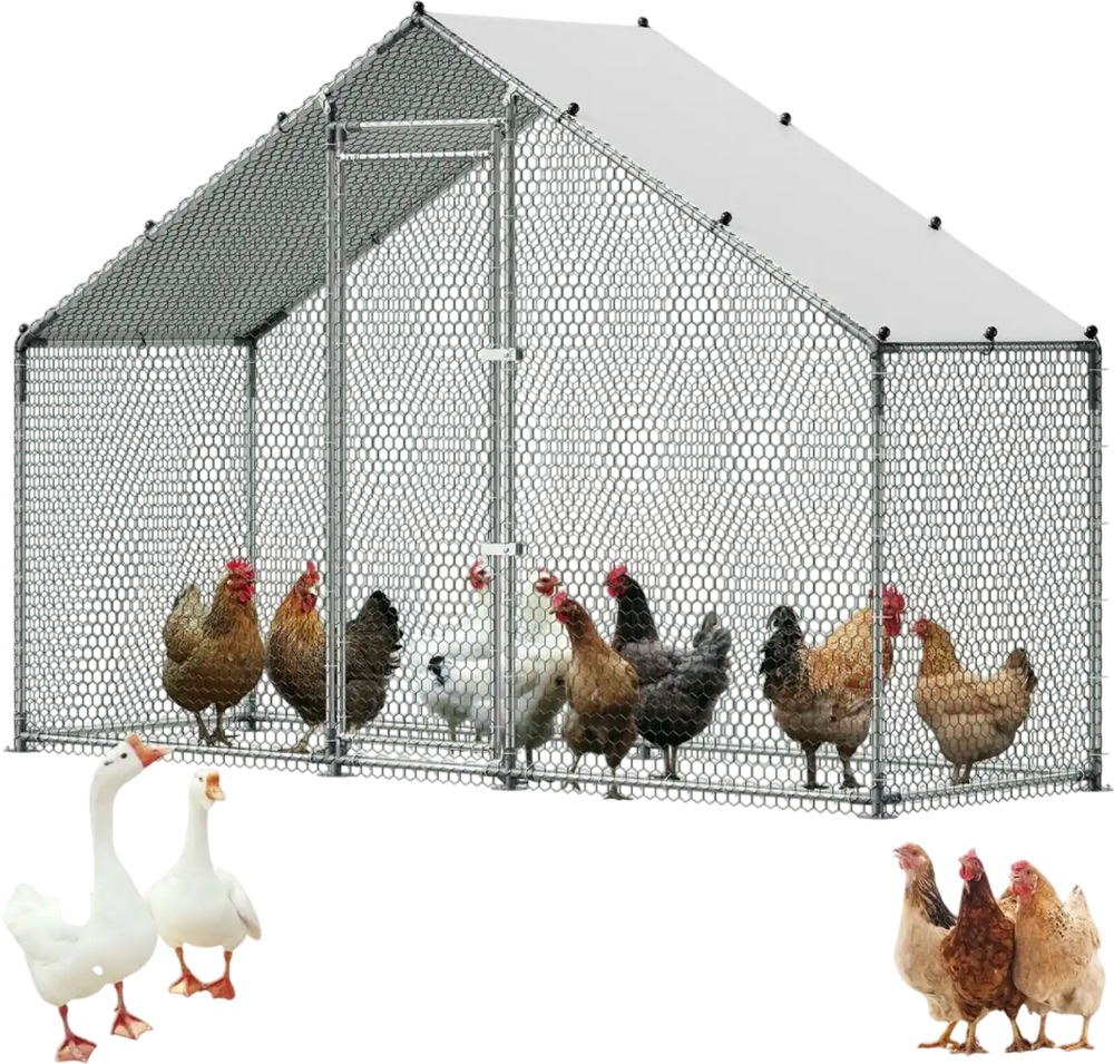 VEVOR Large Metal Chicken Coop,9.8 x 3.3 x 6.6 ft, Walk-in Chicken Run House with Waterproof Cover & Sturdy Frame, Spire Roof Poultry Cage Duck Pen for Rabbit Hen Goose Outdoor Backyard Farm Use