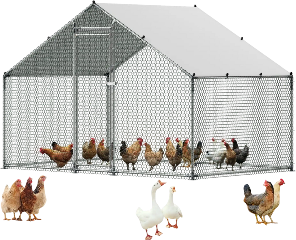 VEVOR Large Metal Chicken Coop, 9.8 x 6.6 x 6.6 ft, Walk-in Chicken Runs with Waterproof Cover, Spire Roof Hen House Enclosure with Lock, Outdoor Duck Rabbit Cage Poultry Pen for Backyard, Farm, Yard
