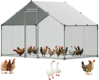 VEVOR Large Metal Chicken Coop, 9.8 x 6.6 x 6.6 ft, Walk-in Chicken Runs with Waterproof Cover, Spire Roof Hen House Enclosure with Lock, Outdoor Duck Rabbit Cage Poultry Pen for Backyard, Farm, Yard