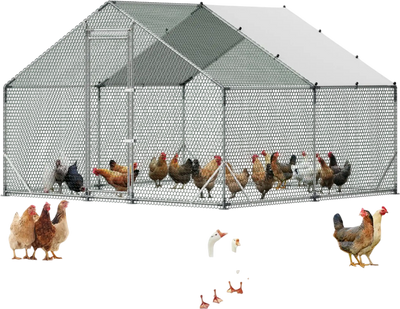 Vevor Chicken Coop Large Metal Walk-In Run House with Waterproof Cover 9.8' x 9.8' x 6.6' New