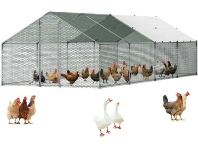 VEVOR Large Metal Chicken Coop, 9.8 x 26.2 x 6.6 ft, Walk-in Chicken Runs with Waterproof Cover, Spire Roof Hen House Enclosure with Lock, Outdoor Duck Rabbit Cage Poultry Pen for Backyard, Farm, Yard