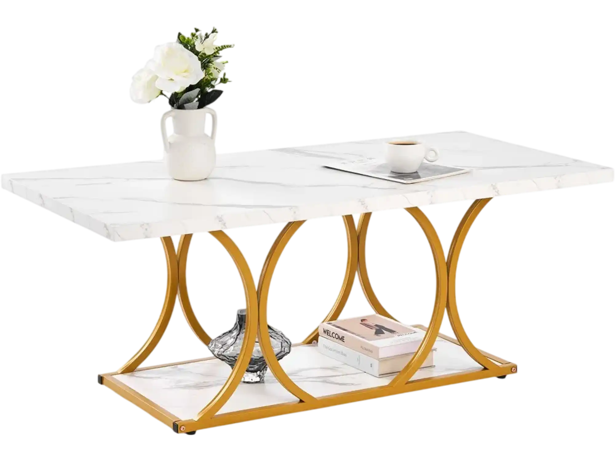 Vevor Coffee Table Modern Faux Marble 2-Tier Rectangle Center Desk White New
