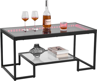 Vevor Coffee Table Modern Tempered Glass 2-Tier LED Living Room Table New