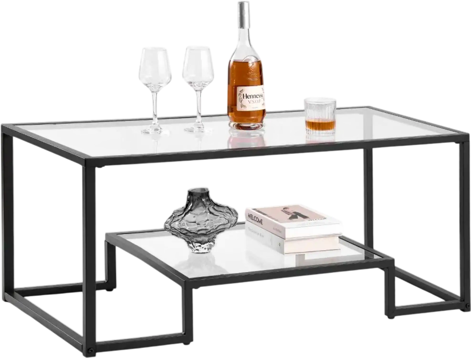Vevor Coffee Table Modern Tempered Glass 2-Tier Rectangle Center Desk New