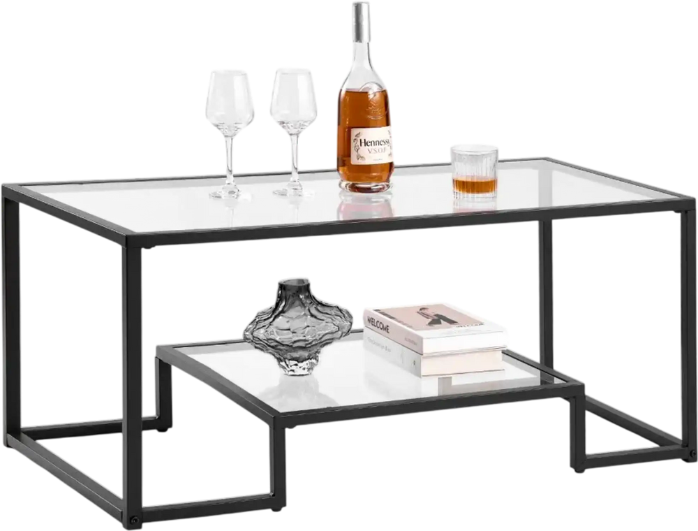 VEVOR Coffee Table, Modern Tempered Glass Coffee Table, 2 Tiers Rectangle Glass Center Desk with Open Storage, Minimalist Sturdy Metal Frame Accent End Desk for Living Room, Office, Easy Assembly