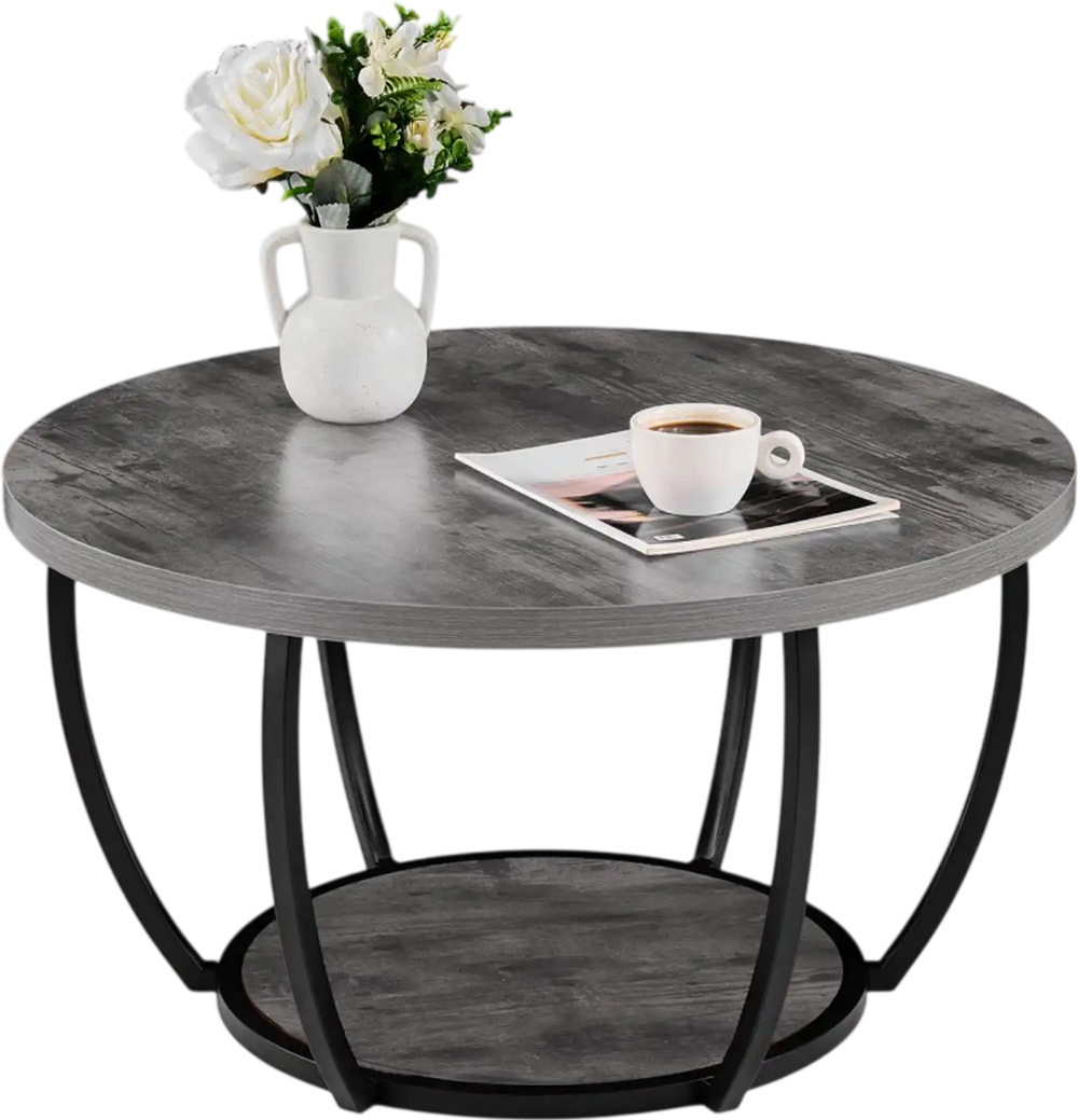 VEVOR Coffee Table, Modern Round Coffee Table, 2 Tiers Wooden Circle Center Desk with Open Storage, Minimalist Sturdy Metal Frame Accent End Desk for Living Room, Office, Easy Assembly, Grey