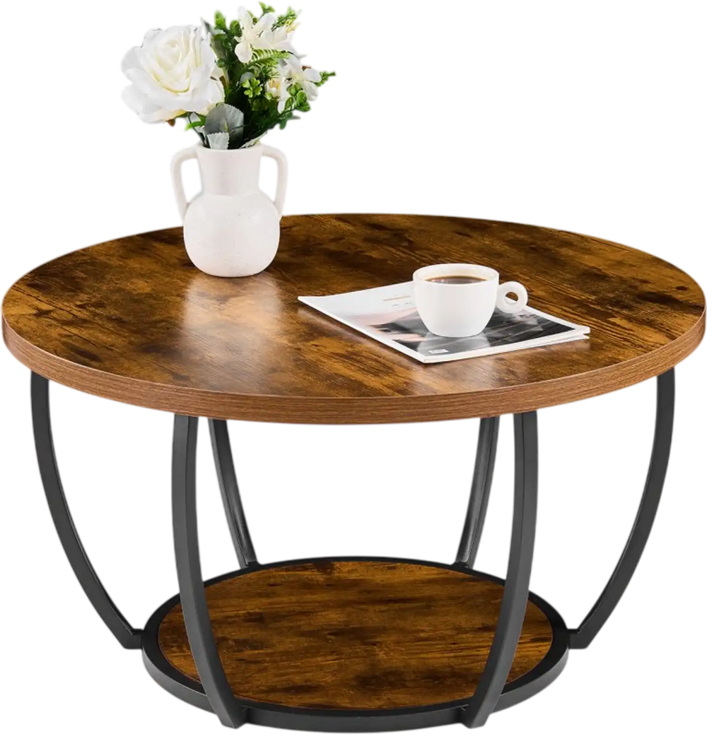 VEVOR Coffee Table, Modern Round Coffee Table, 2 Tiers Wooden Circle Center Desk with Open Storage, Minimalist Sturdy Metal Frame Accent End Desk for Living Room, Office, Easy Assembly, Rustic Brown